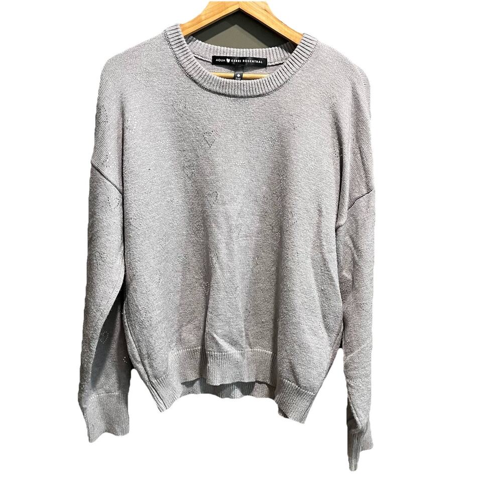 Aqua x Kerri Rosenthal Gray Crew Neck Rhinestone Hearts Women's Sweater Size XL